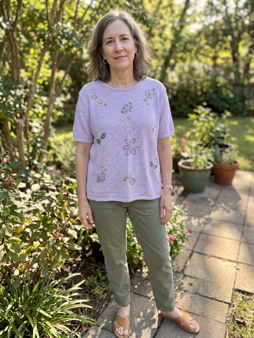 Salon Studio Haband Women’s XL Lavender Floral Embroidered Knit Sweater
